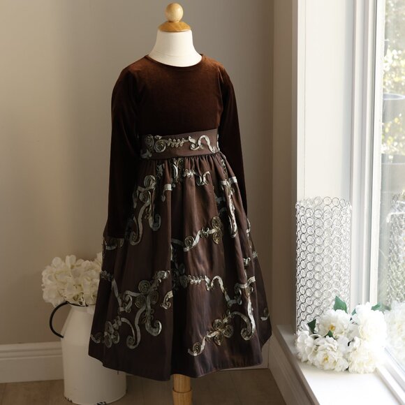Chocolate Brown Velvet & Aqua Soutache Dress Special Occasion Size 7